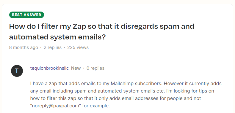 Question Asked on Zapier at https://community.zapier.com by User: tequionbrookinsllc